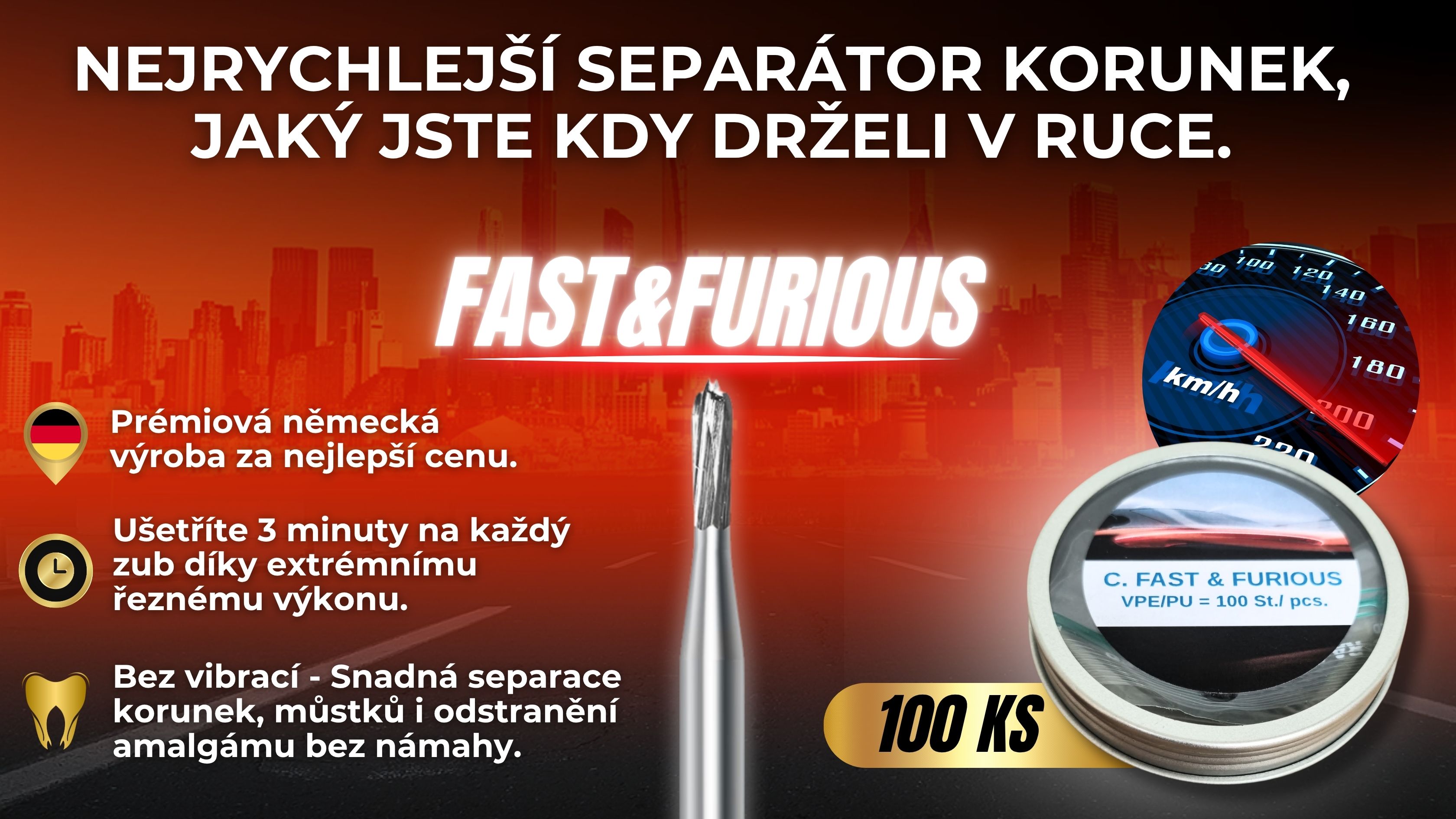 100 ks Separátor korunek Fast&Furious – vysokorychlostní řezací brousek pro odstranění korunek, můstků a amalgámu